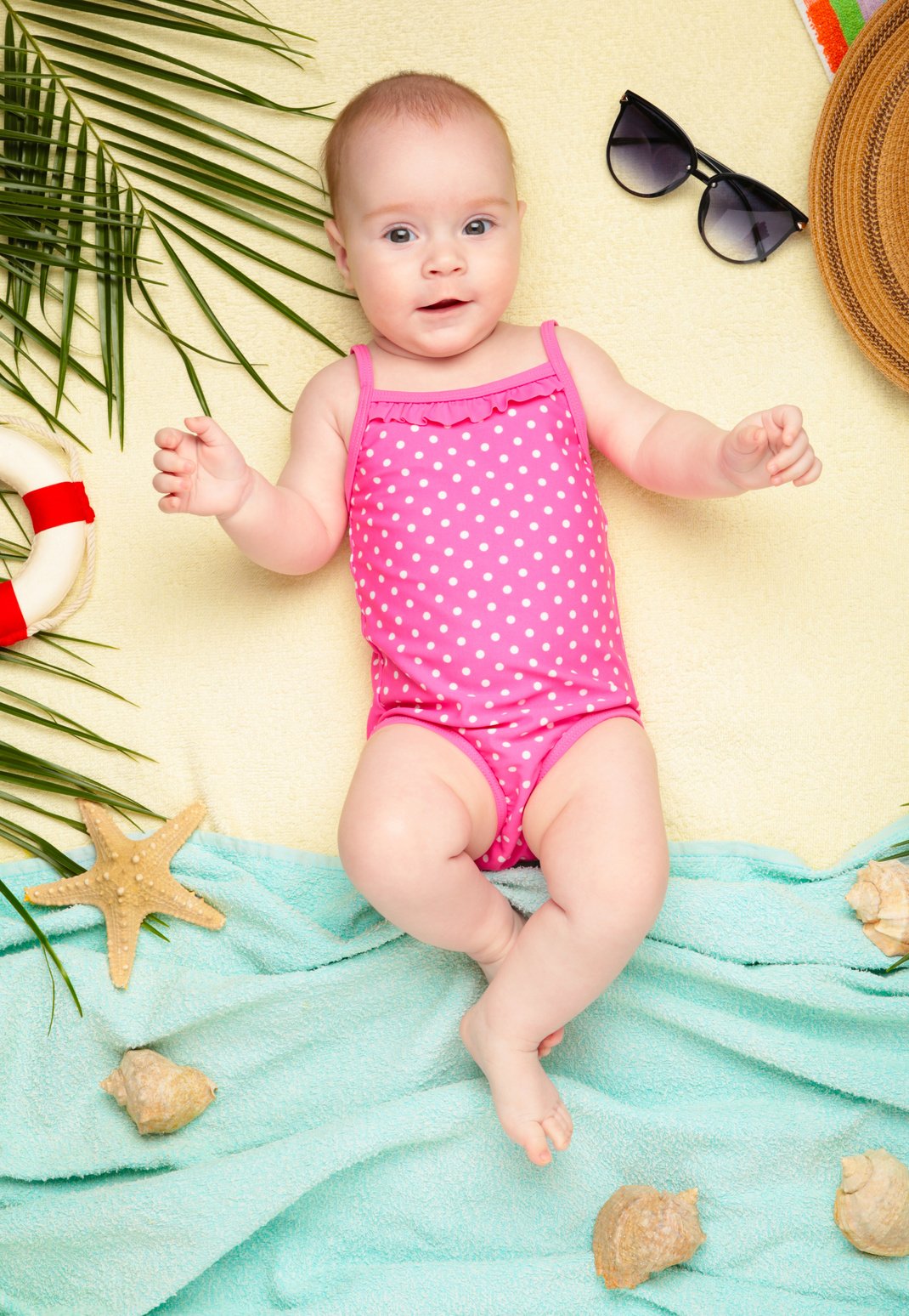 Cute Baby Girl with Beach Accessories. Holidays at Sea with Baby, Summer Concept